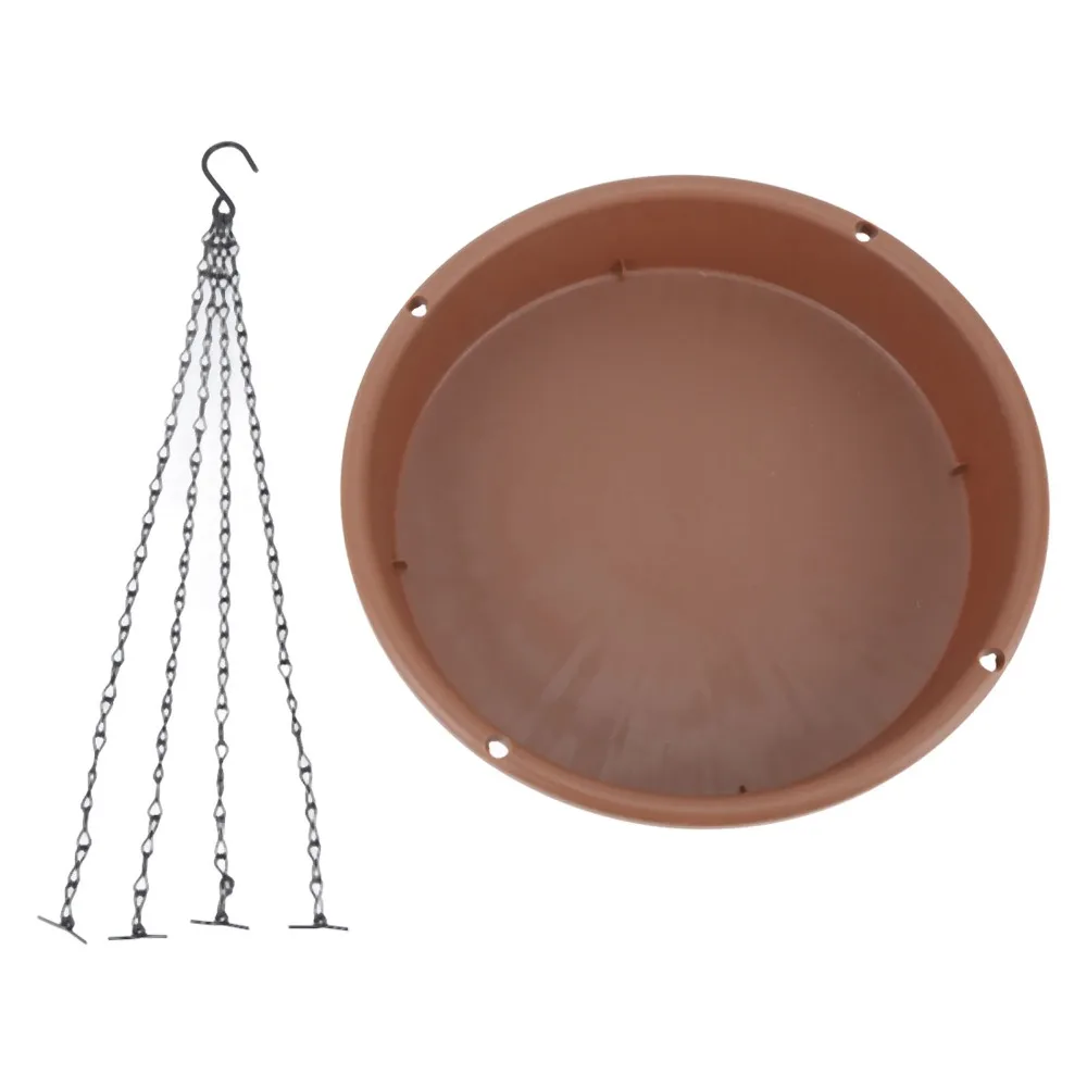 1 set of 2 Round Shape Hanging Bird Bath Iron Chain Plastic Hanging Bird Feeder Wide Shallow Bowl Rust Prevention Coating