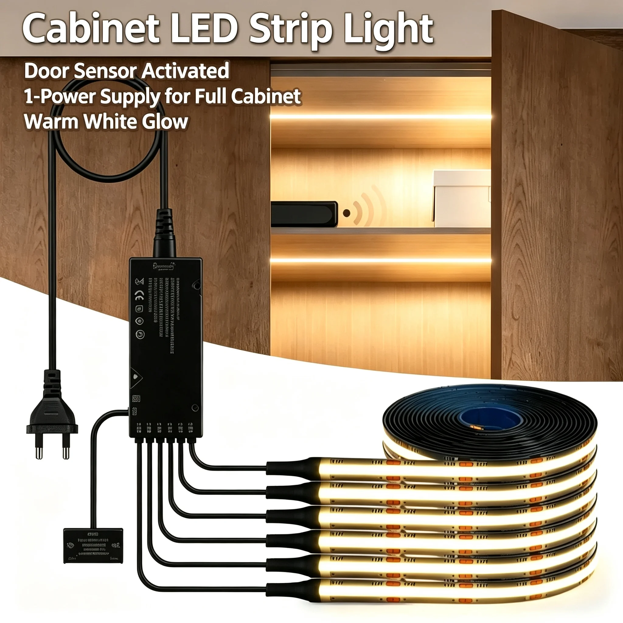 2‑10PCS COB LED Strip Light Kit Double Door Sensor Switch Control Black PCB Cuttable Tape for Wardrobe Bookcase Cabinet Lighting