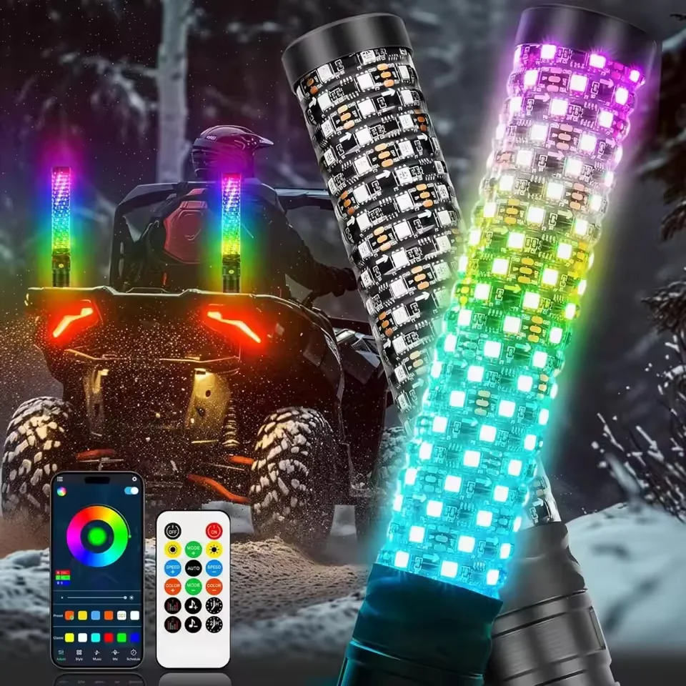 2pcs 3FT Spiral RGB LED Whip Light 10 Speed Settings 300 Patterns Sound Activated Chasing Whip Lights for RZR UTV ATV Off Road
