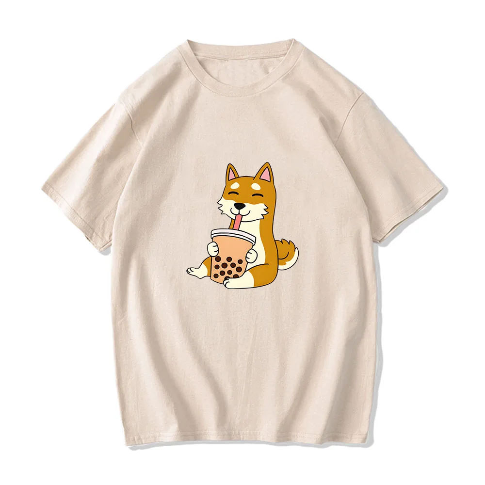 Dog Drinking Bubble Milk Tea Clothes Cute Fashion High Quality Round Neck Tshirts Men/women Comic Cotton Short Sleeve Tees Tops