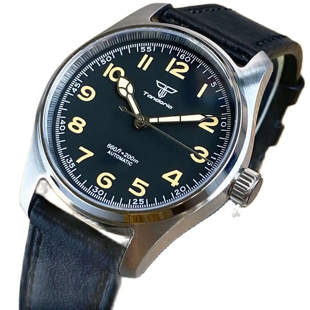 

39mm Pilot Tandorio Retro Watch For Men 200m Waterproof Green Luminous NH35A PT5000 Automaticc Black Leather Strap Polish Bezel