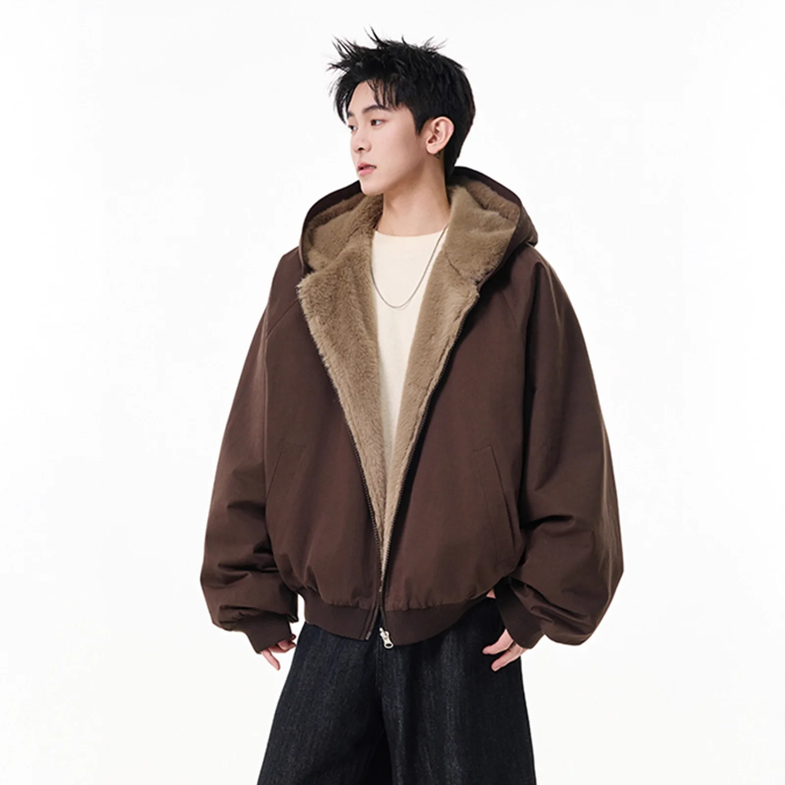 Winter New Fashion American Style Men Black Brown Grey Green Solid Color Thicken Loose Fit Long Sleeve Zipper Hooded Parkas Coat