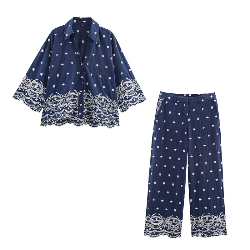 YENKYE Vintage Floral Embroidery Wide Leg Pants Women High Waist Casual Loose Summer Trousers pantalones de mujer