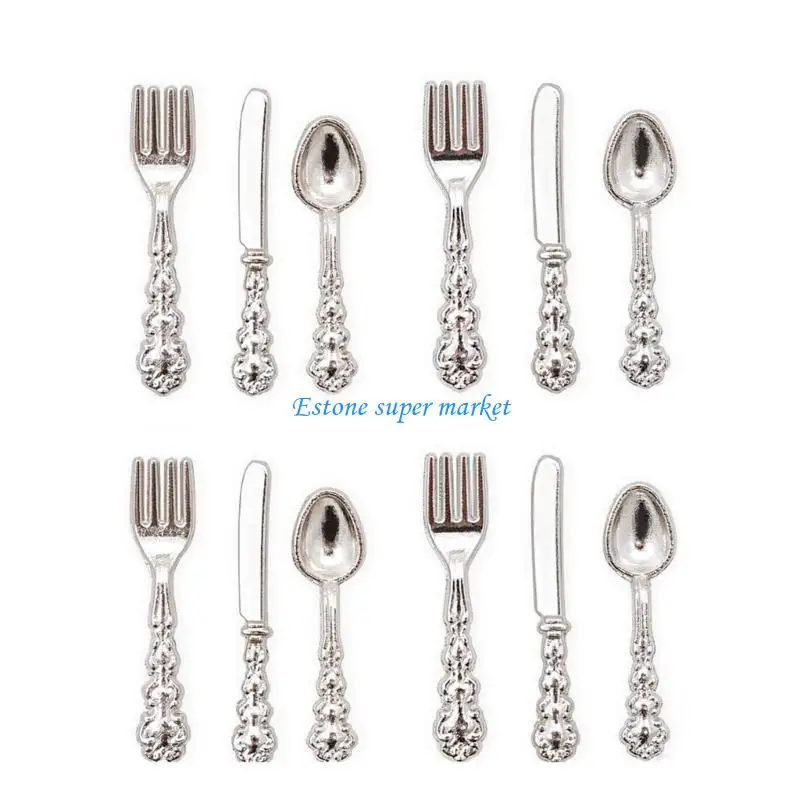 090B 4Sets Dollhouses Kitchen Tableware Set with Plates and Metal Cutlery for Dollhouses Kitchen Display Project Decors