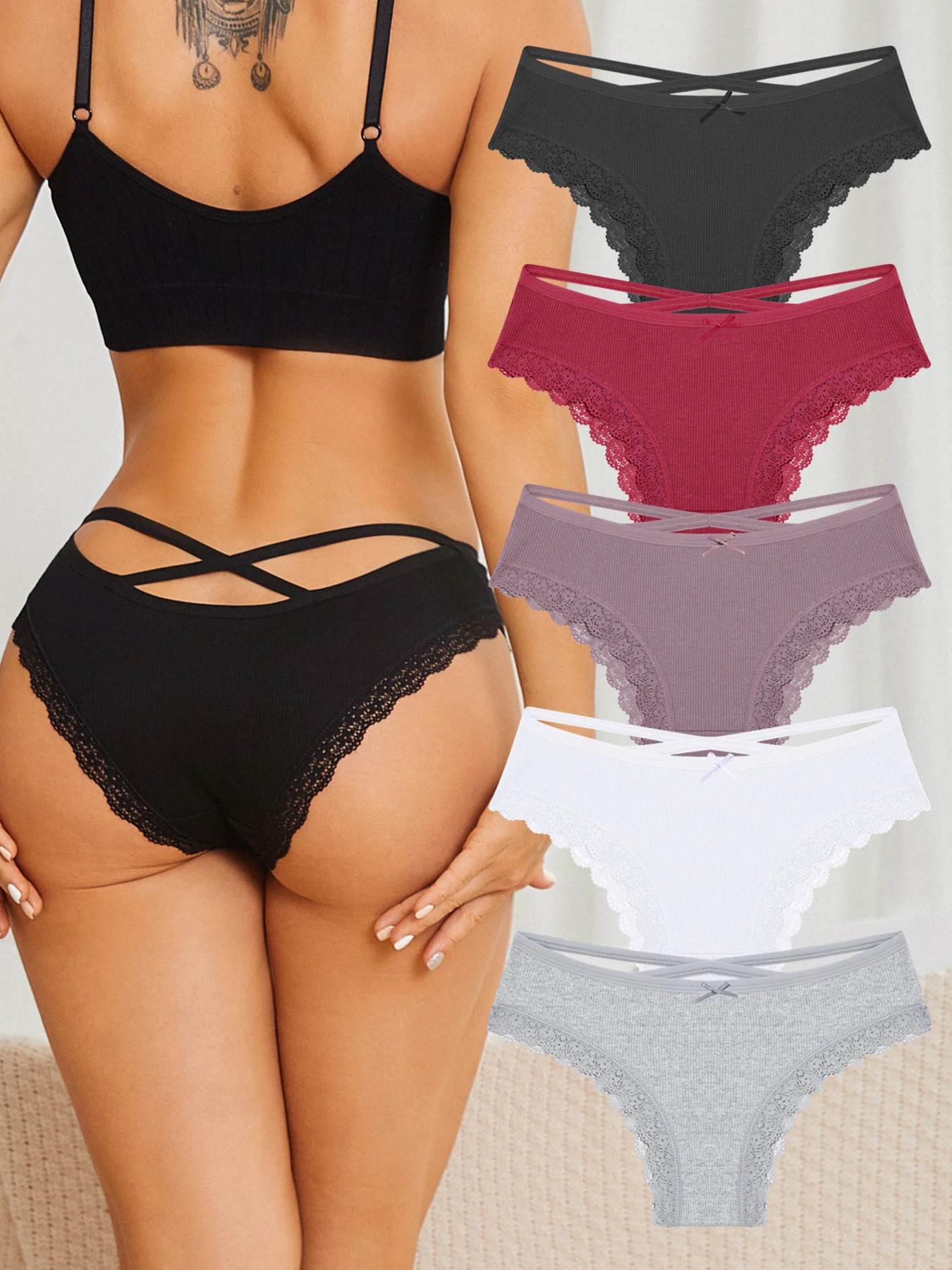 5-Piece Set Of Women's Low Waist Lace Edge Triangle Pants, Cotton Thread Bikini Underwear, Women's Sexy Triangle Pants