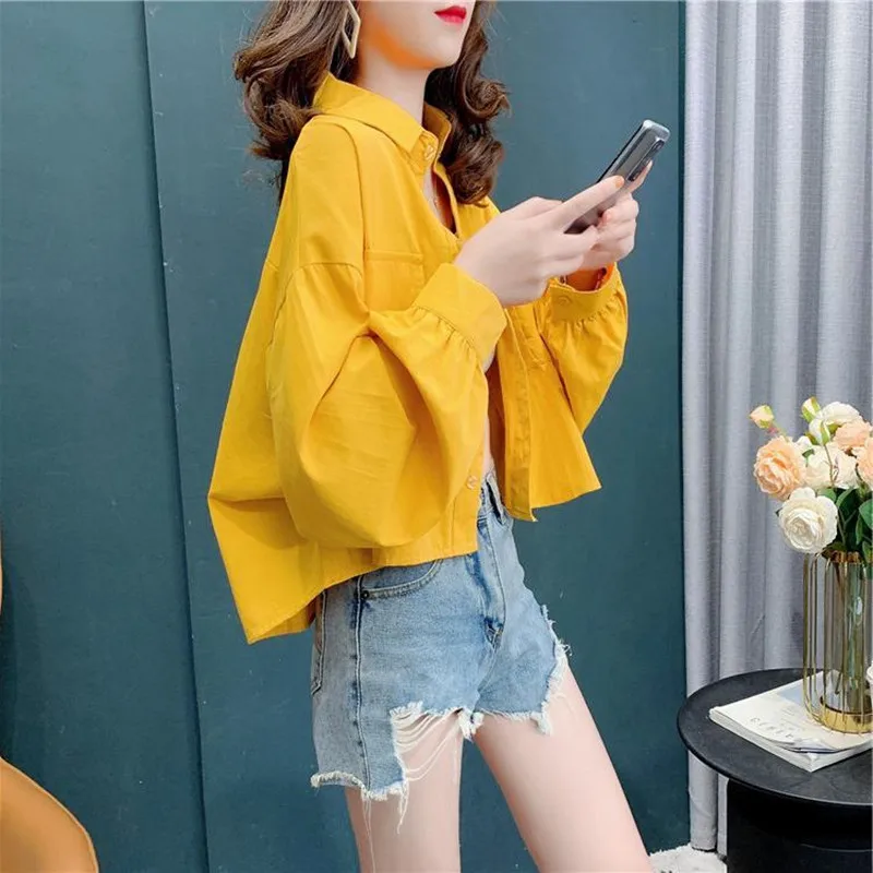 2022 New Women Spring Autumn Long Sleeve Shirt Coat Female Korean Style High Waisted Short Top Girls Puff Sleeve Casual Shirt