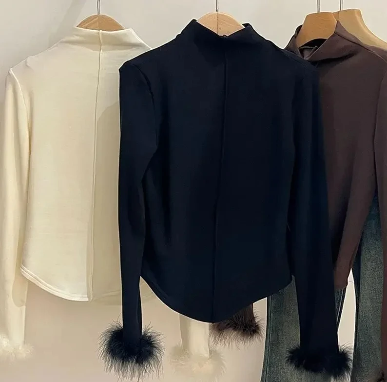 قميص نسائي بأكمام طويلة وياقة عالية مبطن بالصوف، ملابس داخلية، قميص علوي نحيف، موضة الخريف والشتاء #1