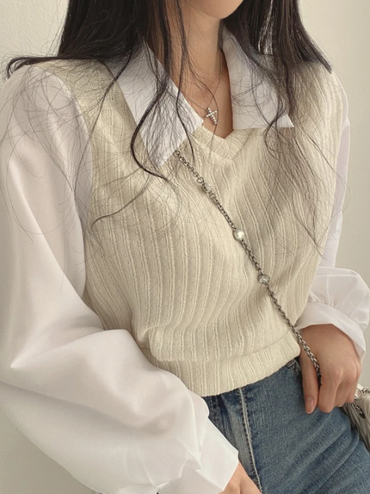 Jmprs Fashion Patchwork Women Blouse Knitted Korean Lantern Long Sleeve Pullover Short Tops Chic Turn Down Collar Ladies Tops