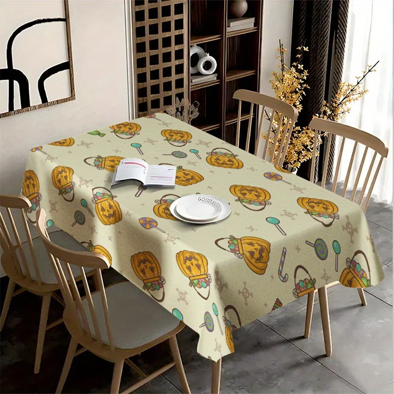 Halloween Rectangle Table Cloth Beige Pumpkin Candy Basket Lollipop Table Cover for Halloween Party Dining Room Table Decor