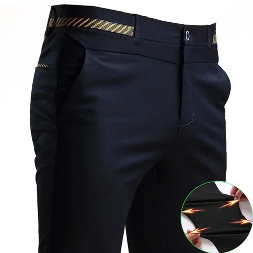 Imagen 2 del producto Pantalones de traje negros para hombre, pantalones de oficina elásticos y sin planchar para primavera y otoño, pantalones formales ajustados para hombre, pantalones de vestir