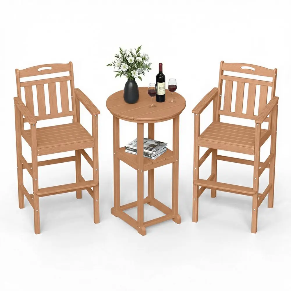 

3Pcs Bistro Table and Chairs, AllWeather Round High Top Bar Table with Storage Shelf and 2 Oversized Adirondack Chairs, Heavy D