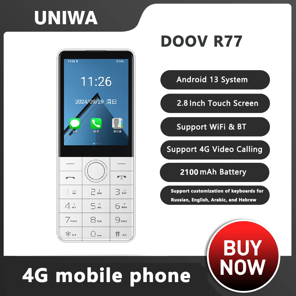 DOOV R77 Smart Touch Screen Keypad Mobile  4G Phone without Camera 3GB+32GB 2100mAh 2.8 Inch Smartphone Android Hebrew keyboard