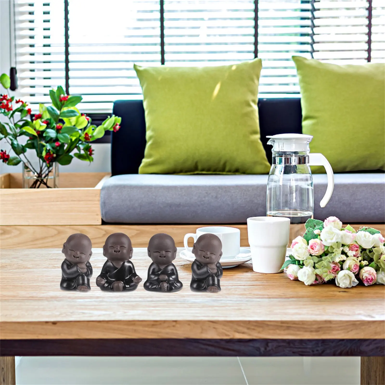 4 Pièces Adorables Figurines de Moine Zen en Argile Violette, Ornements de Bouddha Moine Vif, Décoration de Bureau et de Maison, Soulagement du Stress et Tranquillité