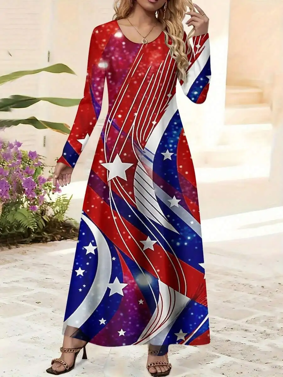 

Womens Maxi Dress Red White Blue Stars Stripes Pattern Round Neck Long Sleeve Floor Length Casual Evening Gown