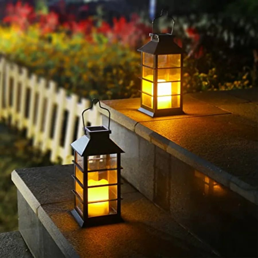 2 Pack Outdoor Garden Hanging Lanterns with Waterproof LED Flickering Flameless Candle Solar Powered Lights Yard Decor Outdoor