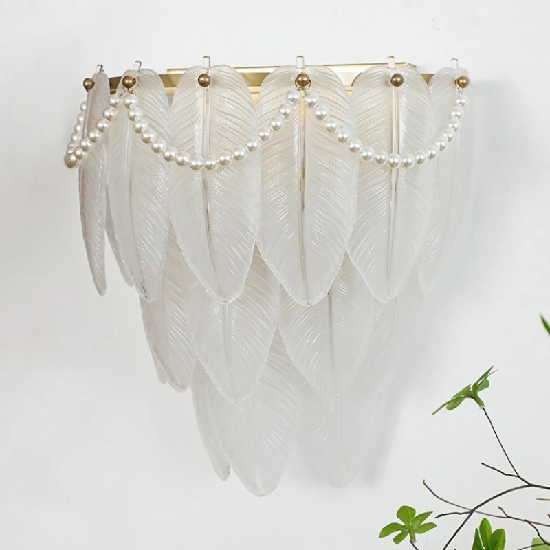 

Bedroom bedside wall lamp, French light luxury crystal retro pearl feather modern simplicity