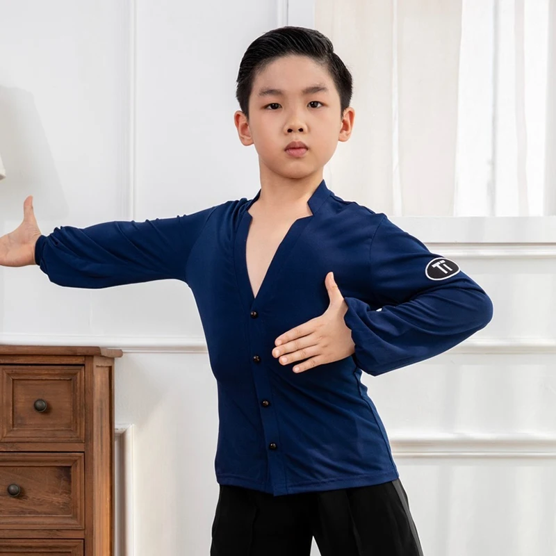 

Рубашки с v-образным вырезом и длинными рукавами, синие брюки в полоску, ча-ча-румба, одежда для бальных танцев, одежда для мужчин и мальчиков, одежда для латинских танцев