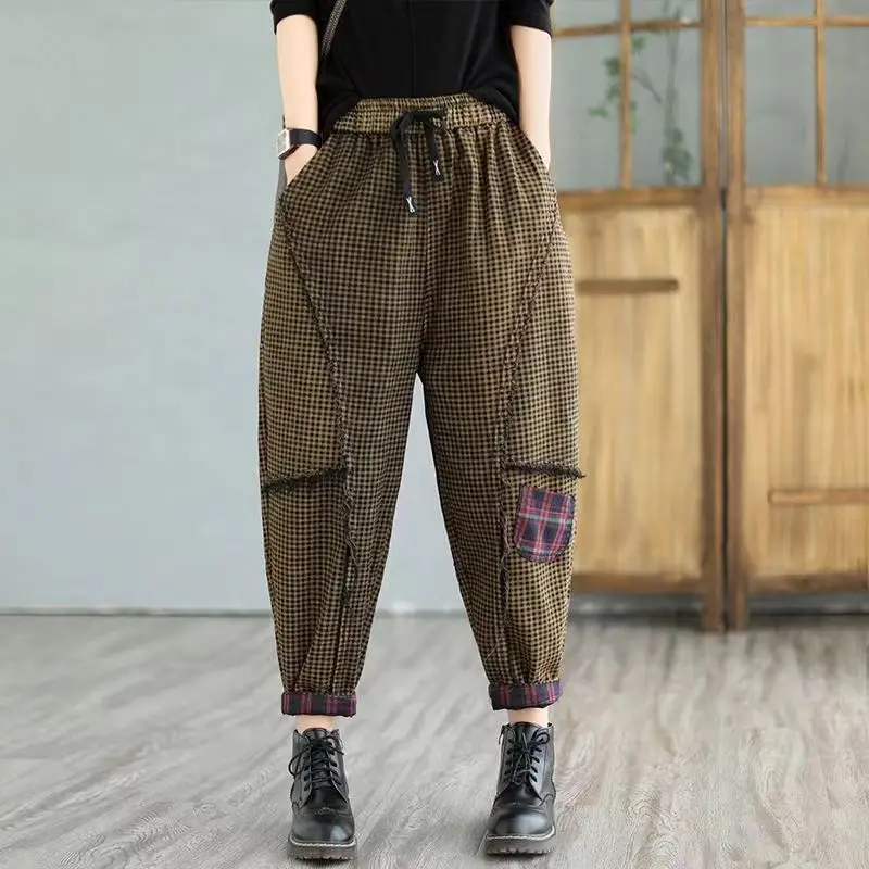 

Personalized Fringed Casual Denim Harem Pants Women Loose Plus Size Spliced with Elastic Waistband and Drawstring Long Dad Pants