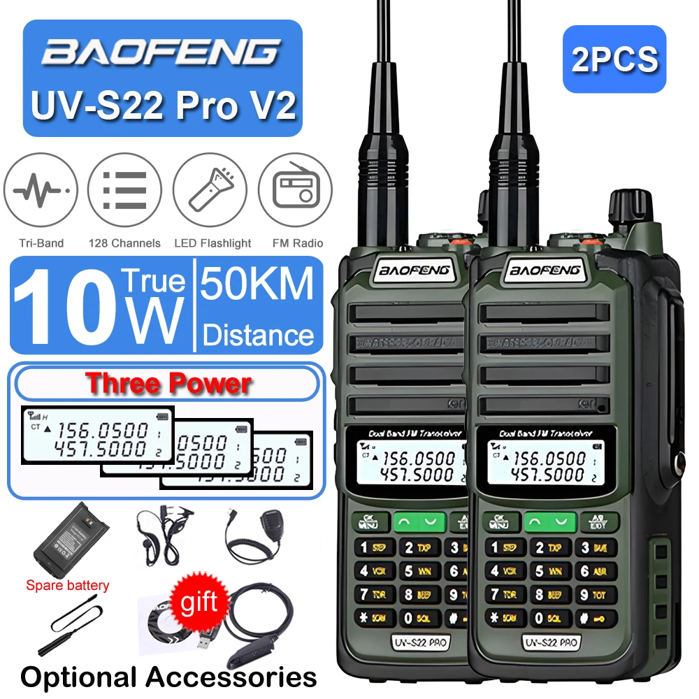 

2026 2PCS Baofeng Waterproof Protable Walkie Talkie 10W Three Power UHF VHF Programming Cable Long Range FM Radio UV-S22 Pro V2