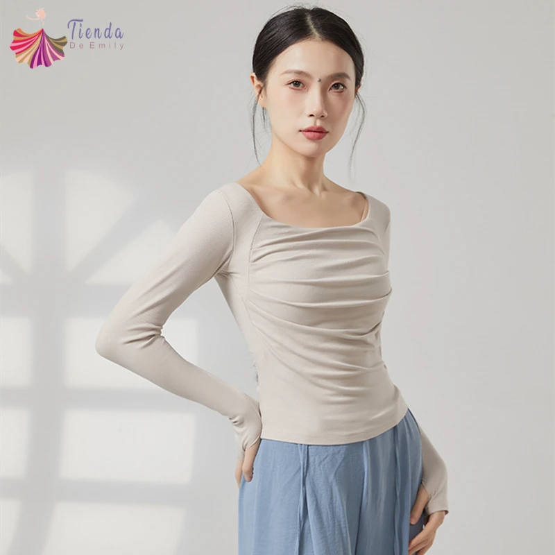 Modern Dance Top Women Pleated Front Long Thumb Finger Sleeve Shirt Classical Traditional Slim Fit Performance Training Clothes