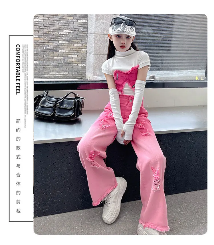 Teenager-Mädchen Hip-Hop-Streetwear-Kleidungsset mit abnehmbaren langen Ärmeln, Schmetterlings-T-Shirt, Farbverlauf- und zerrissenen Jeans, 2-teiliges Mode-Outfit – Detail 4