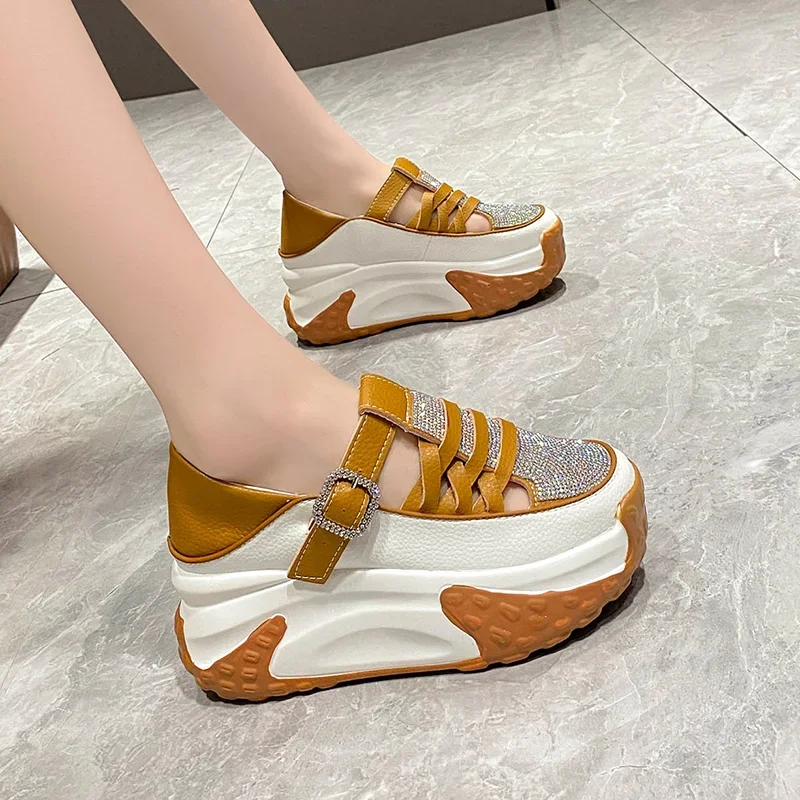 7cm Suede Genuine Leather Platform Wedge Comfy Fashion Bling Breathable Women Chunky Sneakers Summer Hollow Leisure Shoes