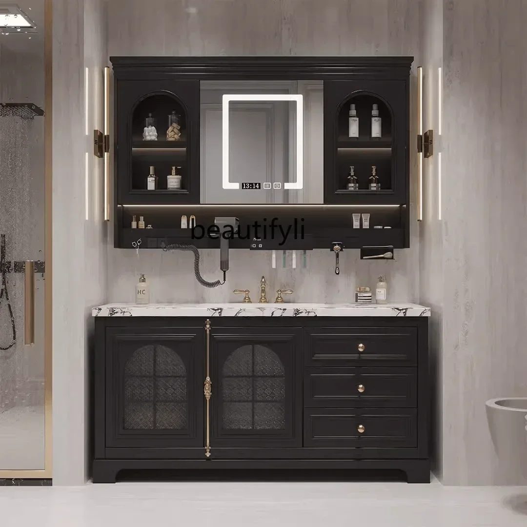 

New Arrivals French Retro Floor Bathroom Cabinet Combination Whole Washbin Washstand Stone Plate SeamleWashbasin 0