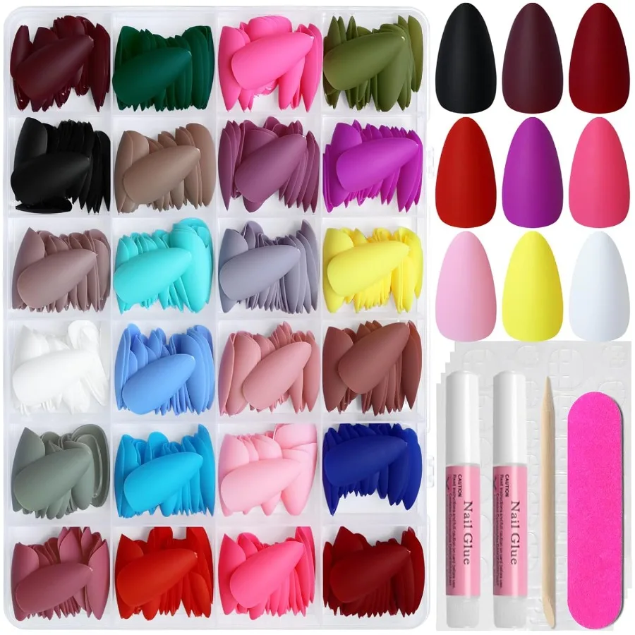 

Накладные ногти среднего миндаля, 576 шт., 24 цвета, полное покрытие, акриловые накладные ногти для женщин, матовая отделка, накладные ногти с легким глобусом