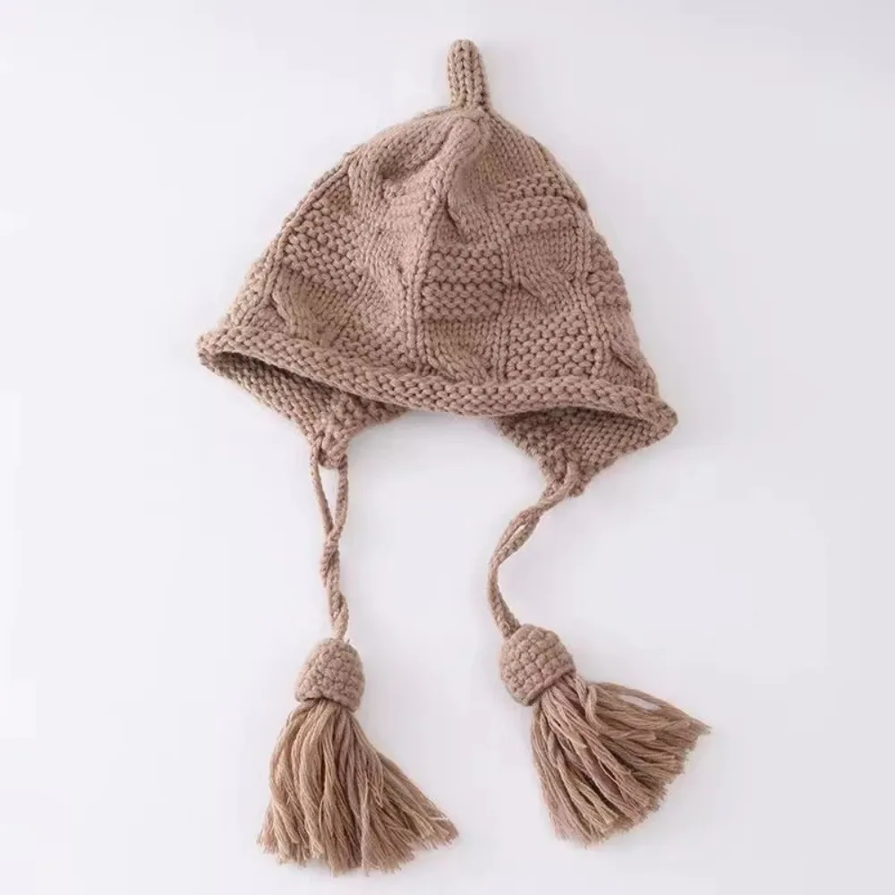 Lindo sombrero de lana tejido a prueba de viento borla con cordones diseño jersey sombrero cálido sombrero invierno