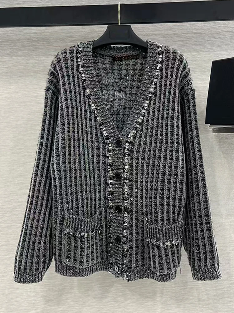 

Designer's heavy craft splicing sequin wool yarn V-neck Cardigan 2024 fall women's new fashion all-match straight tube knit coat