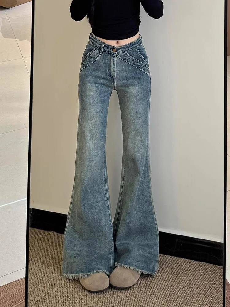 

Синие расклешенные джинсы в стиле ретро с потертым подолом, женские утягивающие брюки с высокой талией, весенне-осенние повседневные джинсовые брюки больших размеров