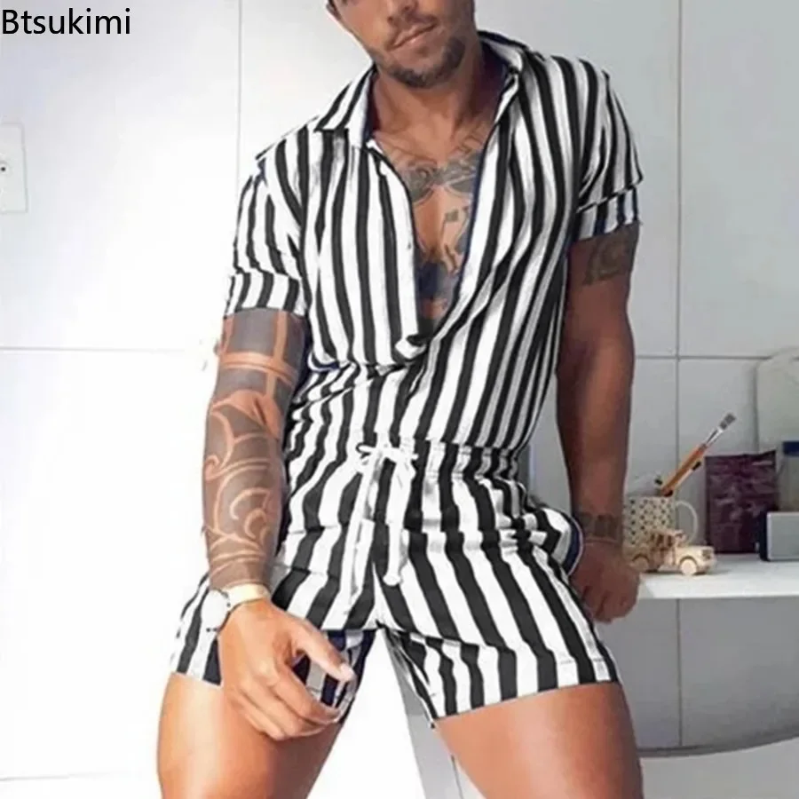 New 2025 Fashion Men Striped Rompers Short Sleeve Button Shorts Lapel Jumpsuit Drawstring Streetwear Casual Playsuit Hombre Male