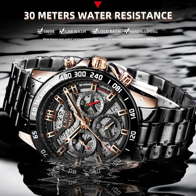 LIGE Men Watch Top Brand Luxury Sports Quartz Mens Watches Full Steel Waterproof Chronograph Wristwatch Men Relogio Masculino