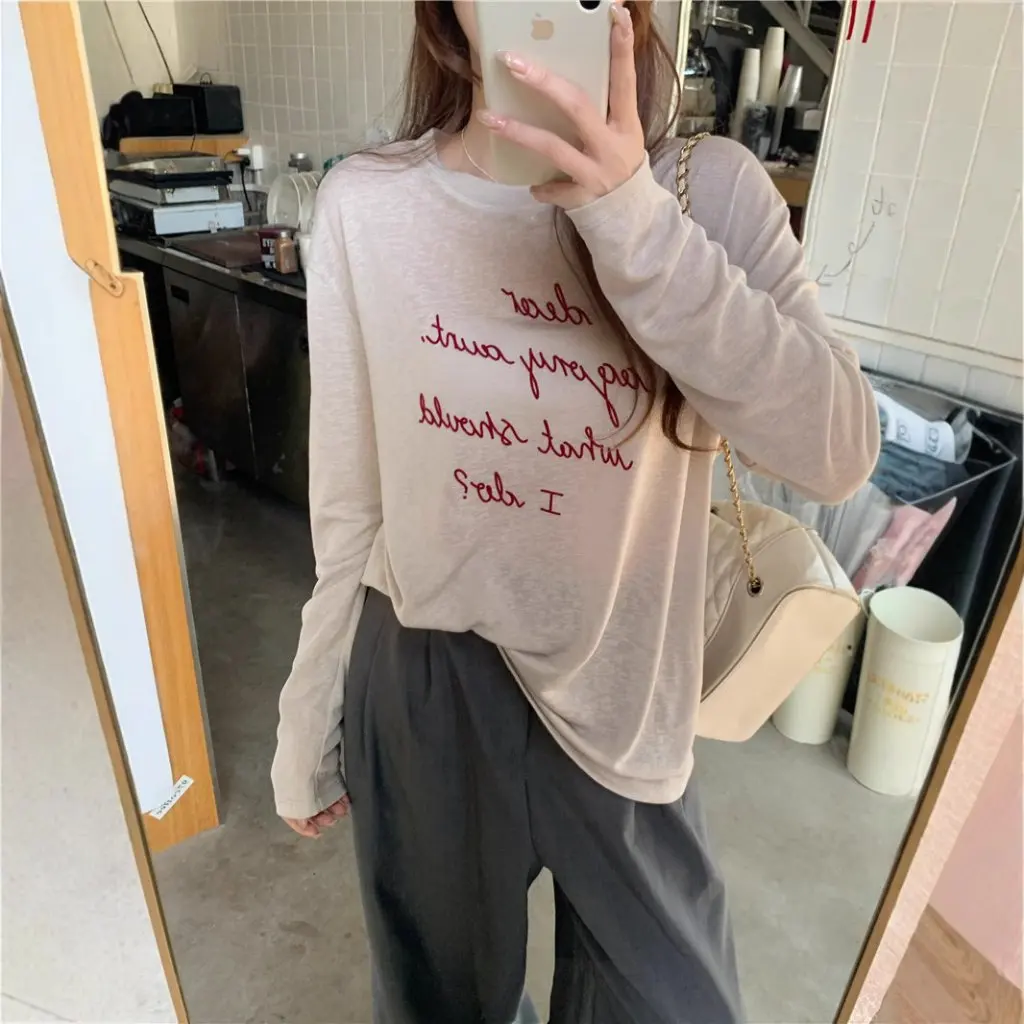 

Women's Tencel Lyocell Long Sleeve T-shirt Spring Old Money Style Lazy Backing Shirt Letter Print Casual Top