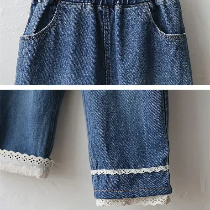 Baby Girl Clothes 2025 Spring Girls Lace Children's Trousers Hem Can Be Washed Straight Leg Jeans Long Pant
