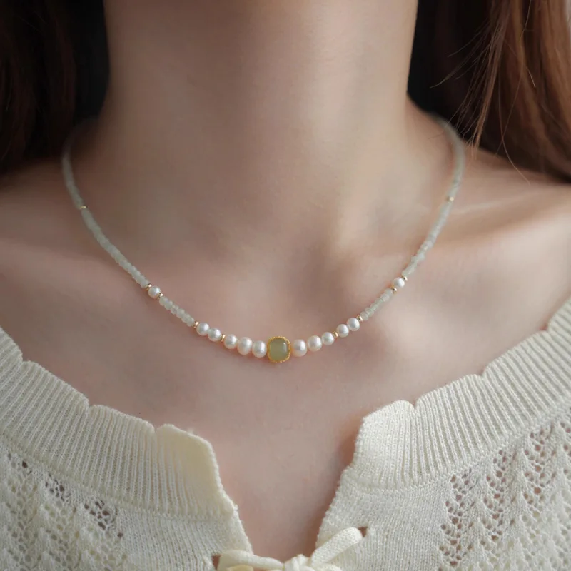 100% Natürliche Süßwasserperle & Hotan-Jade 14K Goldgefüllte Damen-Kurzkettenhalskette Schmuck Weihnachtsgeschenke für Frauen Kein Verblassen – Detail 3