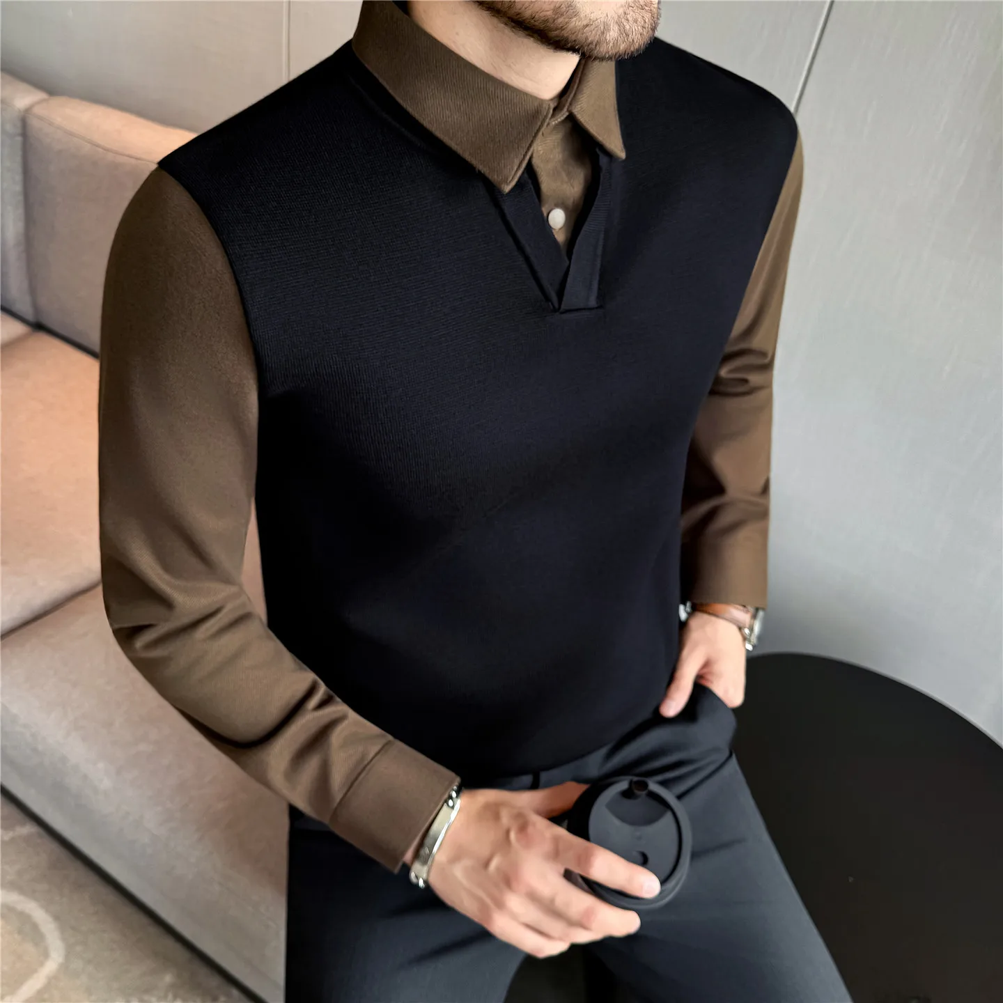 

High Quality Knitted Sweater Men's Thick Woolen Shirt Collar Splicing V-neck Sweaters Autumn Winter Two-piece Knitted Sweater