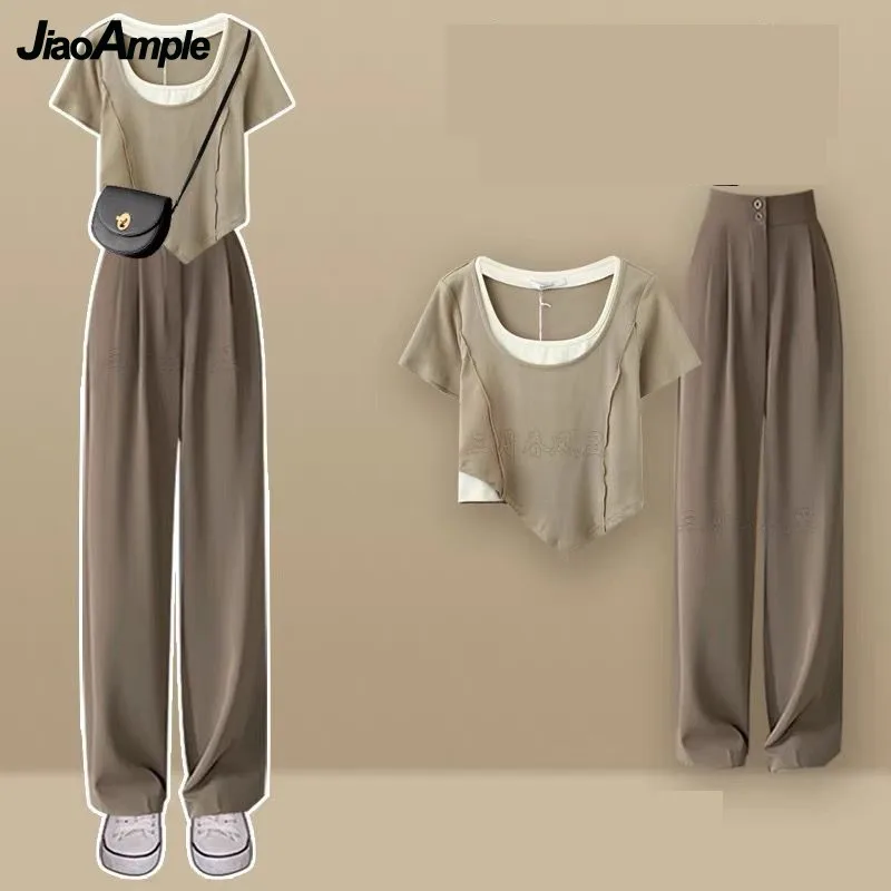 2024 Summer New Irregular Short Sleeve Top+Casual Pants Two Piece Women\'s Tracksuit Suit Korean Elegant Sportswear Matching Set