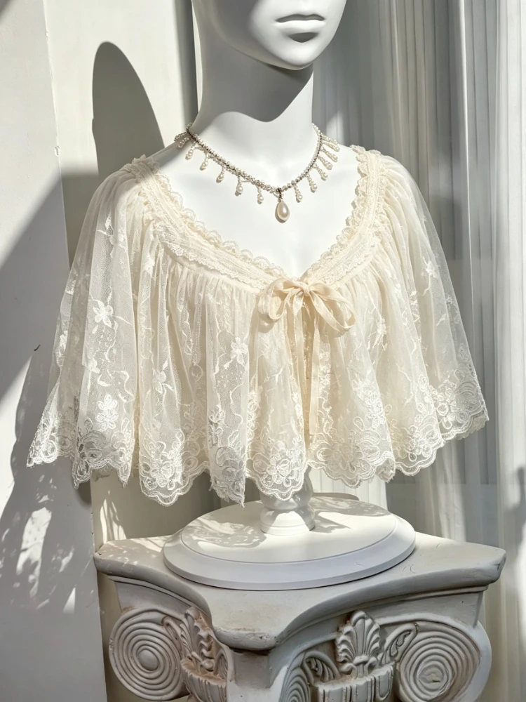 Japanese Retro Sweet Lolita Lace Shawl Drawstring Doll Collar Blouse Embroidery Kawaii Versatile Women Fashion Cardigan Tops