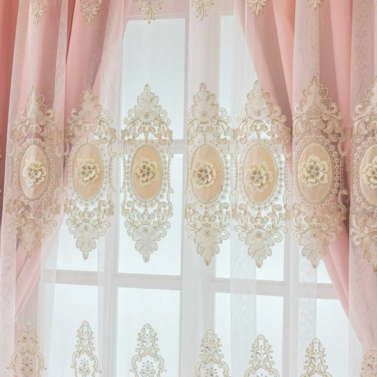Luxury Embroidered Double-Layer Curtain with Tulle Sheer & Blackout Fabric for Living Room Bedroom Window Decor