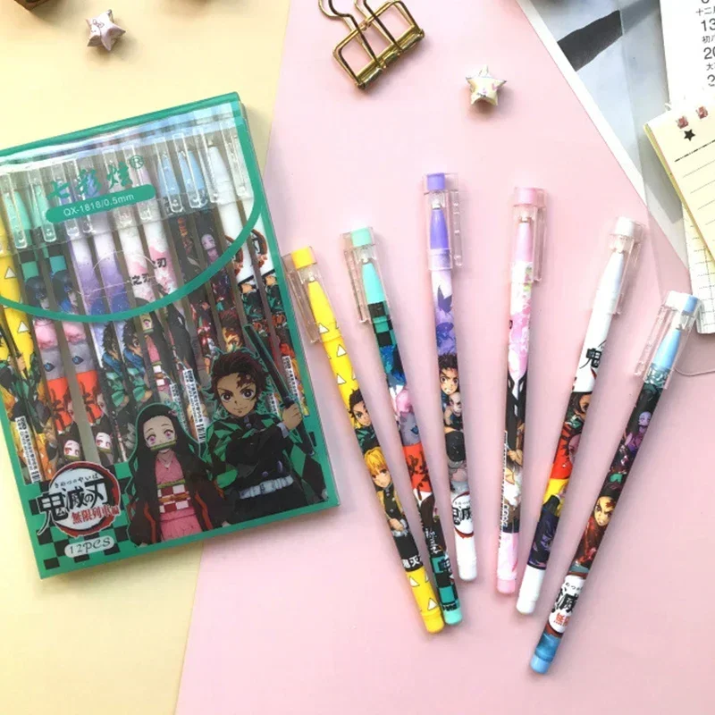 12pcs Demon Slayer Gel Pens Anime Figure Kamado Stationery School Supplies Black ink Quick Dry Neutral Pen Kids Birthday Gifts