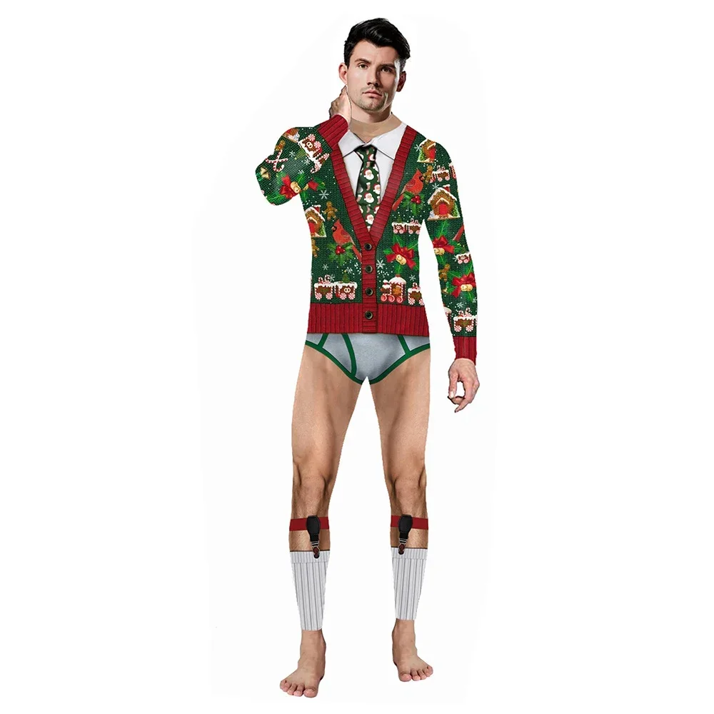 2024 Nuovo Natale Donna Uomo Costume Sexy Stampato Tuta Muscolare Zentai Tuta Festa di Festa Vestito Per Adulti Regalo di Natale Vestiti