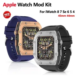 Rubber Strap+Metal Case For Apple Watch Band 44mm 45mm Modification Kit Bracelet For iWatch Series 9 8 7 SE 6 5 4 Diy Modified