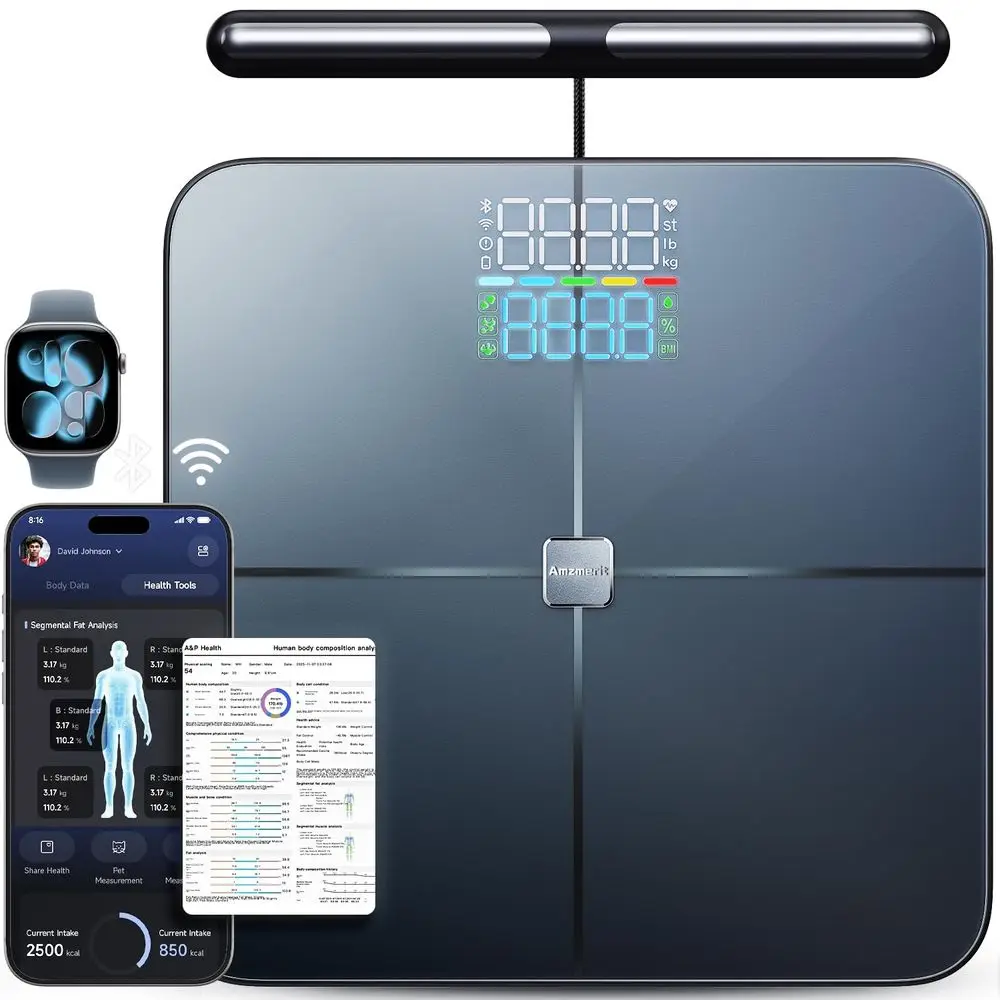 

Bluetooth Enabled 8-Electrode Digital Scale for Body Composition Analysis, Rechargeable, Grey