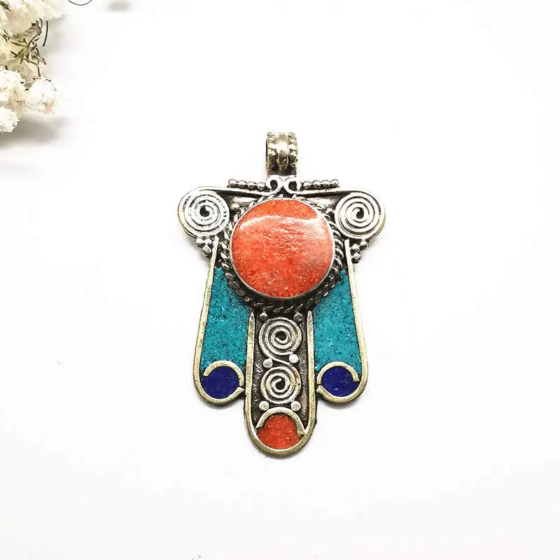 TBP338 Tibetan Buddha Hand Amulet Pendants White Metal Copper Inlaid Colorful Stone Vintage Pendant