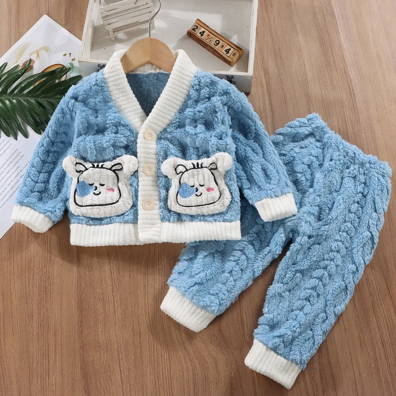 Suit autumn and winter plush warm Korean version boys and girls aged 0-9 sweet and lovely home clothes fashion children clothing