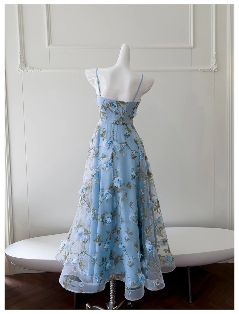 Ele blauwe strapl tule prinses baljurk met 3D bloemversiering faionable a-lijn rok lange avond Dr