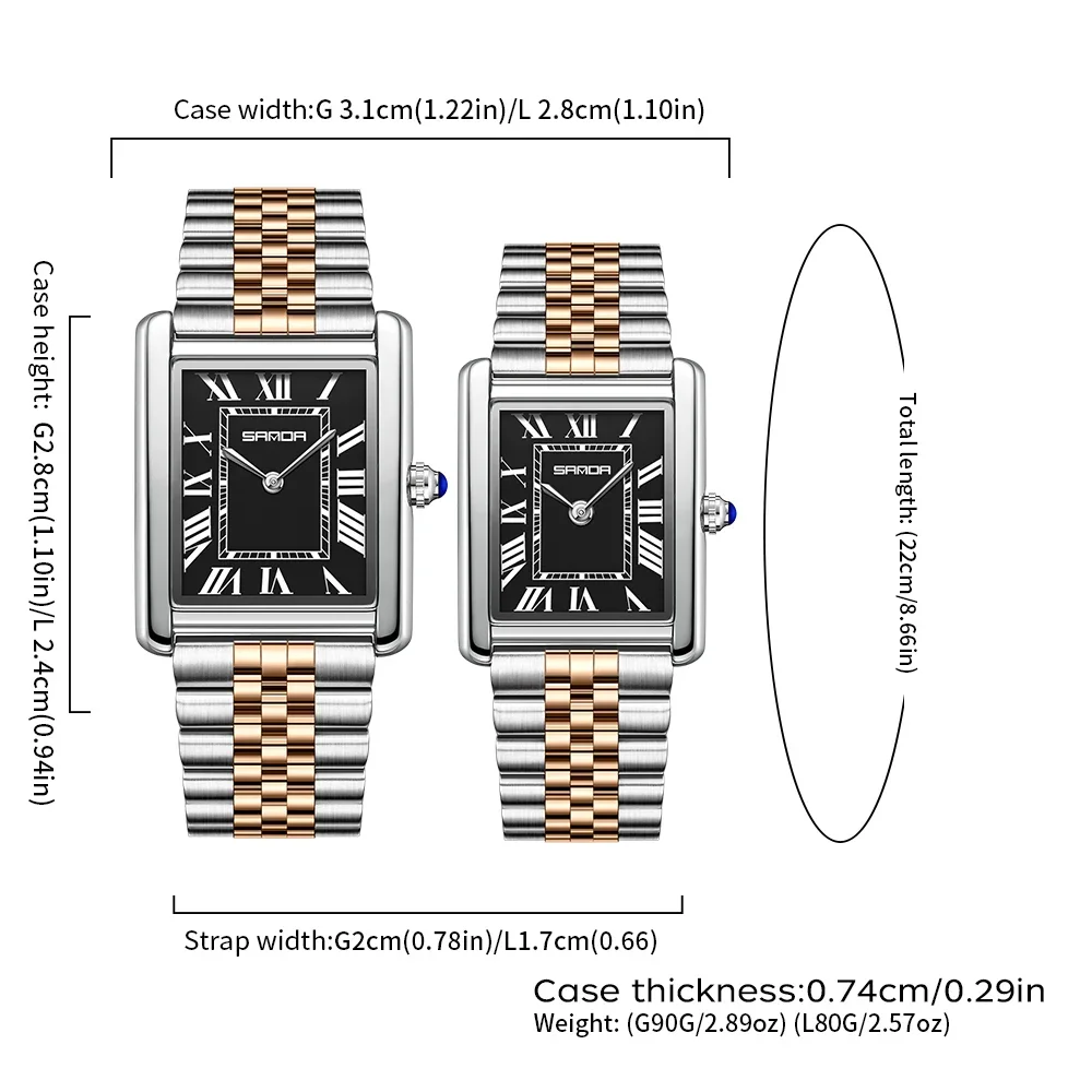 SANDA Coppia Orologio al quarzo con serbatoio Orologio da coppia alla moda impermeabile Resistente all'usura Cinturino in acciaio Quadrante quadrato Design Donna Lady Gift