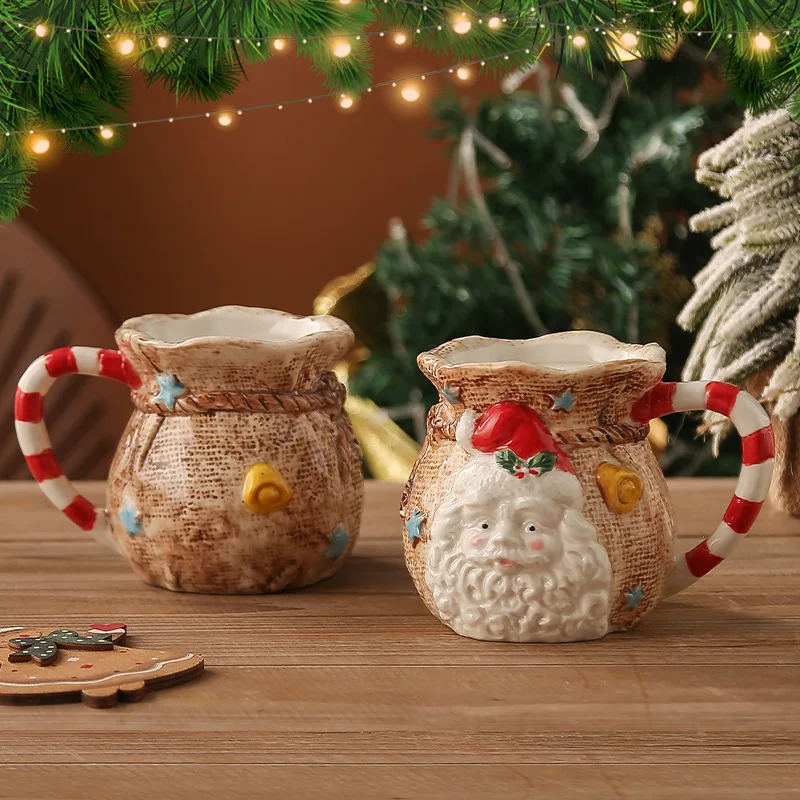 Hand Paint Christmas Mugs Large Capacity Ceramic Cup Creative Retro Cloth Bag Elderly Water Cup Christmas Gift Birthday Present