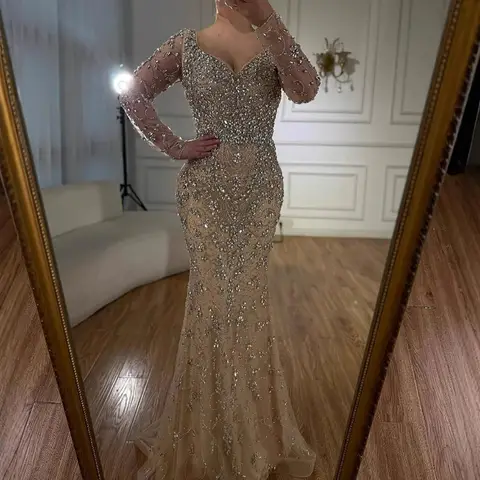 सेरेन हिल फ़िरोज़ा वी-गर्दन लंबी आस्तीन मरमेड मनके शाम के कपड़े 2025 लक्जरी पार्टी गाउन महिलाओं के लिए DLA73042 अनुकूलित 10 best sales शांत पहाड़ी पोशाक - №1